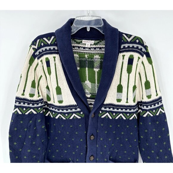 SHAWL COLLAR CARDIGAN SWEATER canoe oars fisherman nautical 100% cotton heavy S - Picture 3 of 7